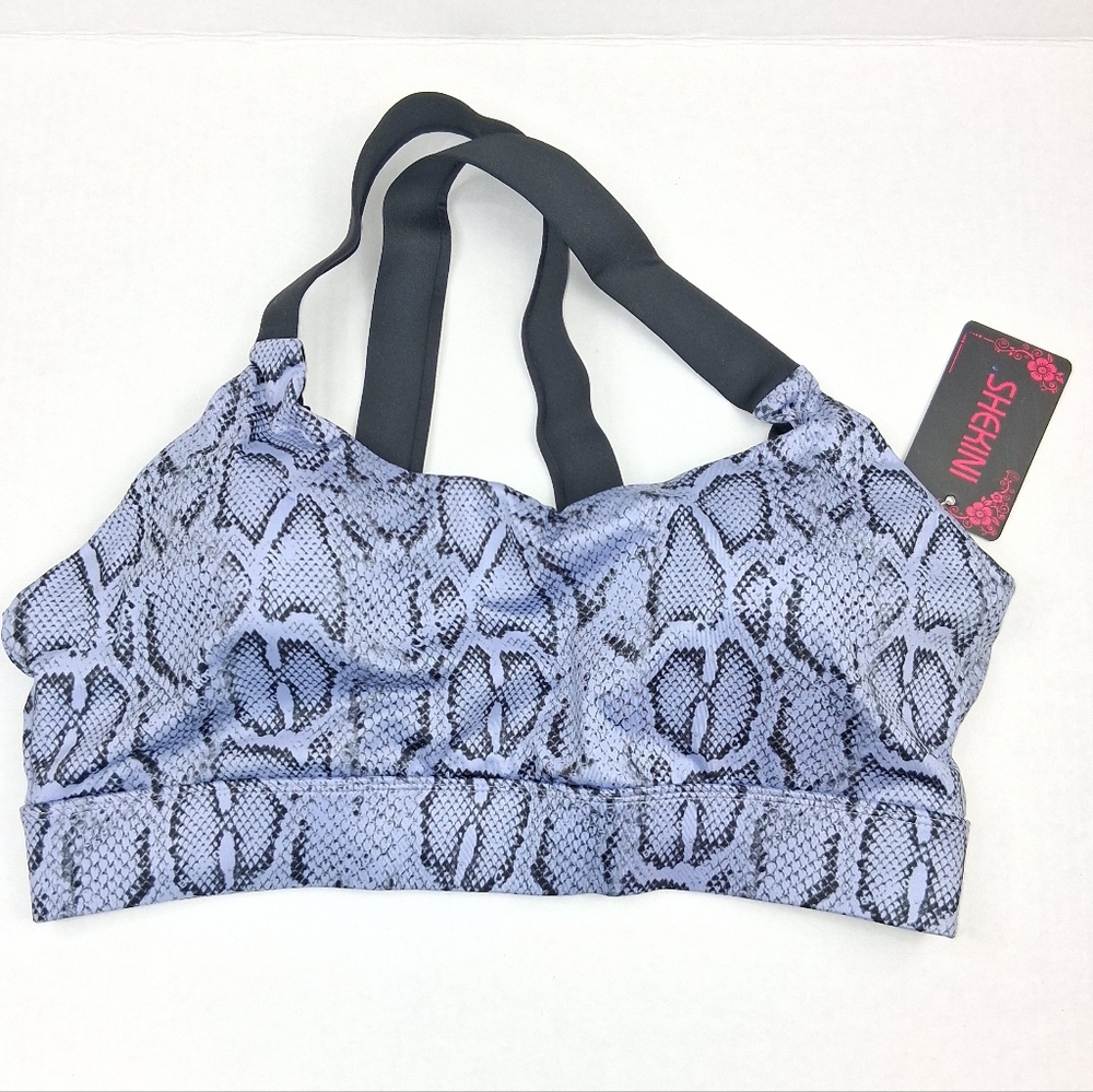 Shekini Purple Black Snake Print Criss Cross Back Sports Bra